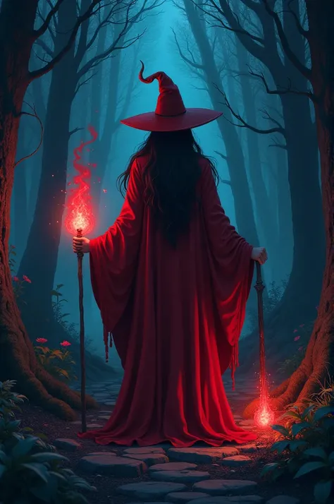 Red wizard ,  anime in a forest at night 
