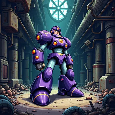 Megaman Zero X 5 ,  the background is an abandoned mechanical factory,  8-bit pixel art illustration 