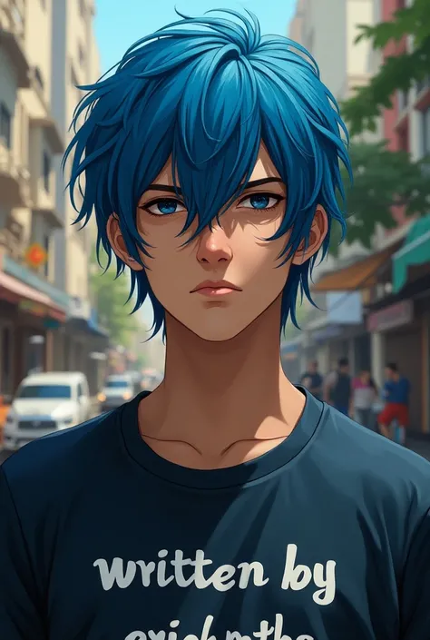 Create a blue-haired man with dark eyes wearing a shirt written by Erick Mths in Rio de Janeiro