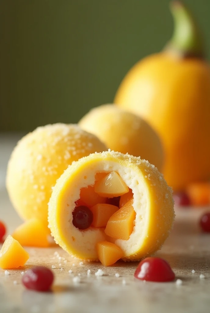 Cinematic frame of soursop ice cream balls are filled with fruit and I want a stamp to be included that says animated guanabi