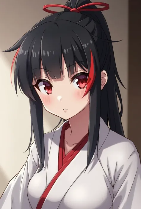 A girl from the anime demon Slayer , white haori,  hair parted in half tied a black ponytail with red at the ends,  crimson red squashed eyes .