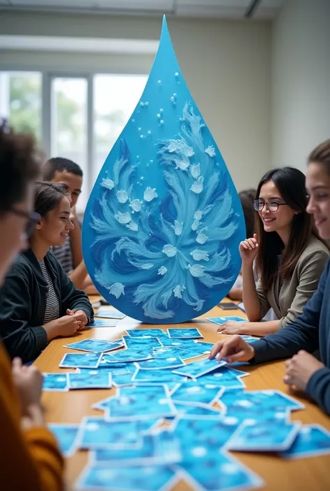 I need an image of some cool students playing with some cards in the shape of a drop of water and sticking them on the board