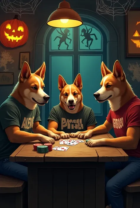  Three mad dogs playing poker, one with a t-shirt that says  "Picsel"  another with a t-shirt that says  "AlerGod "  another with a t-shirt that says  " vertigo ".  in a Halloween-themed bar 