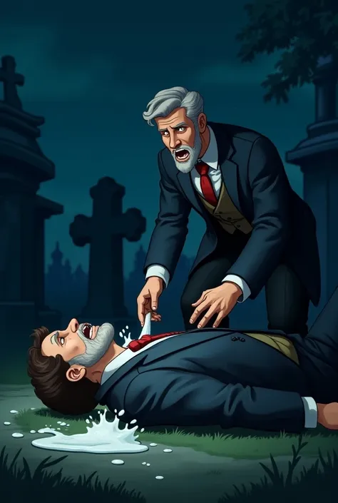  2 29-year-old men wearing the clothes of the old lodge but only one lying on the floor while foam comes out of his mouth while he is fainted and the other very scared trying to help him, This in a cemetery at night , animated and NOT REALISTIC version !