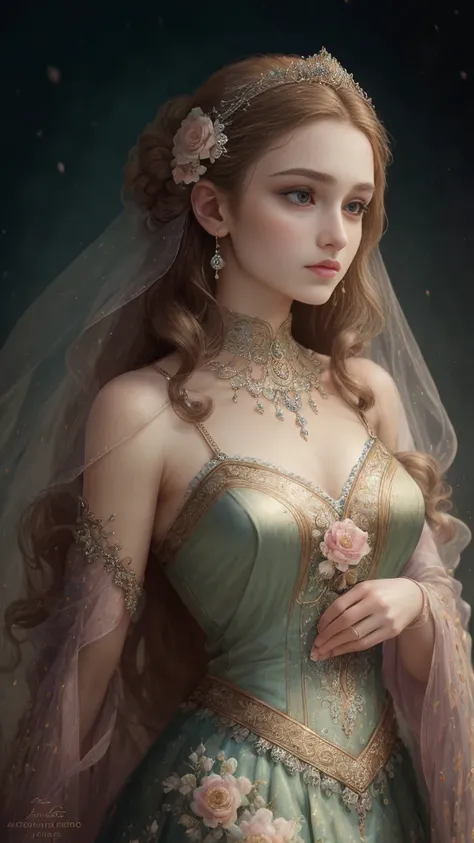 (Best quality, 4K, 8K, A high resolution, Masterpiece:1.2), Ultra-detailed, Realistic portrait of a noble maiden, Detailed expression, Graceful posture, Dreamy atmosphere, expressive brush strokes, mystical ambiance, Artistic interpretation,Delicately coil...