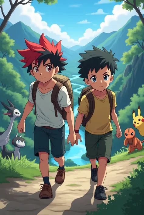 Two companions on an adventure in a Pokémon world: a boy with red and black hair and a beard and another boy with black hair and a beard 