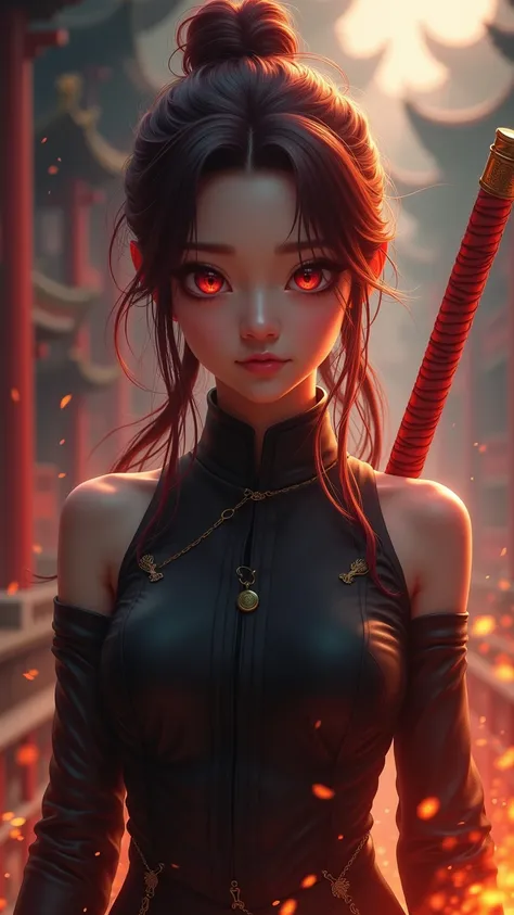 Best image quality, masterpiece level, ultra-high resolution, realism, fantasy theme, huge weapons, facial details, a girl, single, hair open, fairy tale theme, upper body, Chinese architecture, flame, get detailed outdoor lighting and movie lighting, incr...