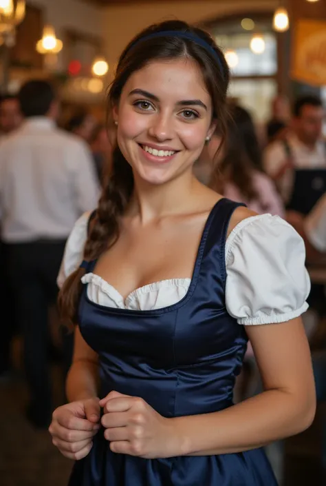 Realistic upper body portrait of a young italien black haired woman aged 23 with long hair, pony tail, hairband, smile. She poses in front of the camera in a short darkblue off shoulder Satindirndl with a satin apron..., oktoberfest,glamour fotoshooting, W...