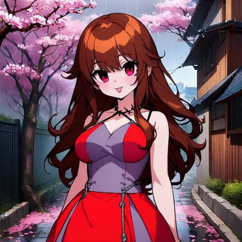 ((Ultra-realistic detail.) (Masterpiece, Top Quality, Best Quality, Official Art, Beauty and Aesthetics: 1.2), Very Detailed, Colorful, Most Detailed, Branches, Buildings, Barbed Wire, Cherry Blossoms, Fences, Long Hair, Outdoor, Petals, Landscape, Rain, T...