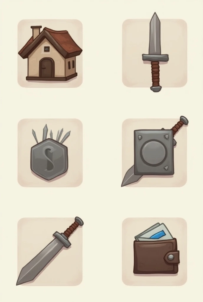  I need you to create icons for my game layout,  icons have to be RPG style , I need Home icons , Shop, Sword With Shield, deck, Wallet, realistic,