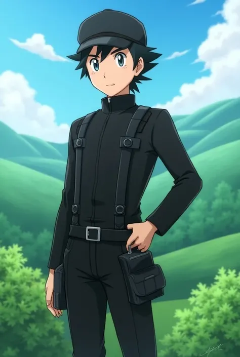 Male Pokémon trainer with black outfit and hat