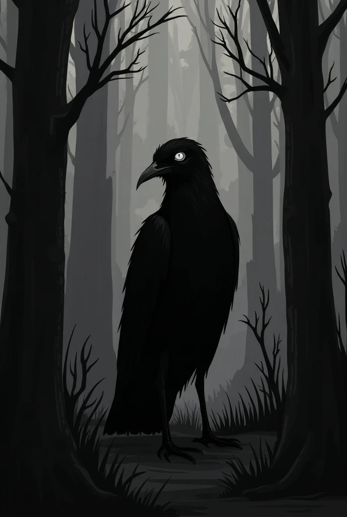 A minimalist black-and-white illustration in a hand-drawn style. The focus is on a large, ominous black bird with human-like eyes standing in the dark, shadowy forest. The drawing uses clean, simple lines and minimal details, evoking an eerie and unsettlin...