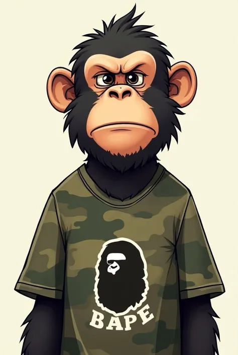 Generate me an Ape of Bored Ape Yacht Club wearing BAPE clothing brand t-shirt