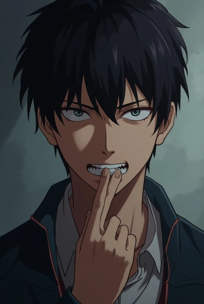 anime, Male biting his index finger lying between his teeth 