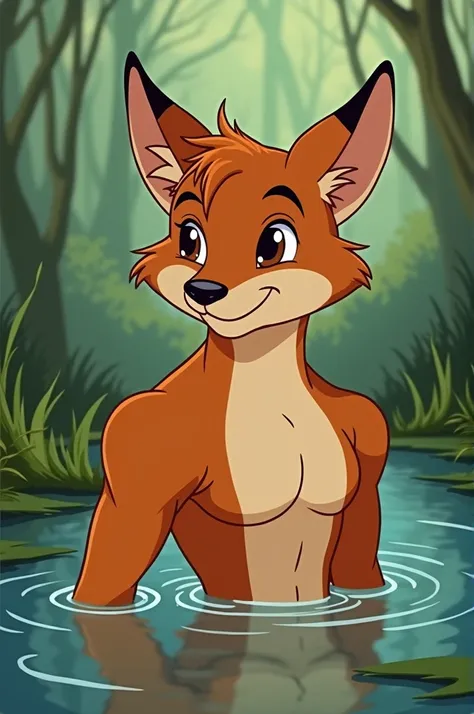 Imagine toi le personnage du film danimation Robin des Bois de Disney, entrain de se baigner dans un marais. Cest un renard anthropomorphe avec un corps humain. On verrait le renard torse nu Il se baignerait dans un marais. Le style doit être semblale à ce...