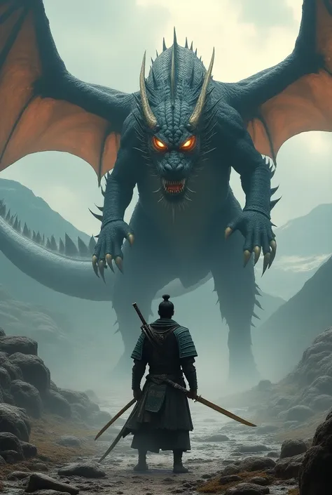 A samurai standing with a sword in his hand in front of a mount size dragon (angry). The samurai is the owner of the dragon