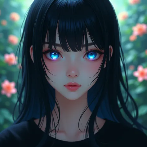  Close-up of an improved masterpiece:1.5)0.9], (In a garden flowers sitting :1.2) ( Long straight jet-black hair:1.1) ( sapphire blue eyes:1.2) (  black t-shirt :1.0) ( hypnotic eyes and sorcerers:1.0) (A radiant glow:1.1) (pink lips :0.9)