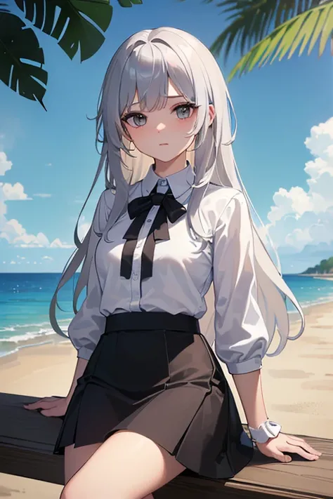 ((masterpiece)), (( Best quality )), (( High definition)), ((чрезвычайно детальный CG unity 8k обои)), One, Tatibana Canadade,  tan colors, black skirt, white socks,  outdoor, face, beach, hanging hair ,  parted hair,  silver hair 