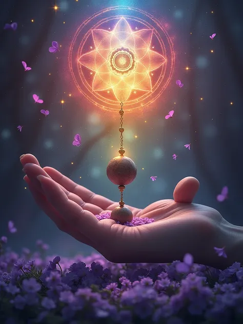 a symbol from the graphic harmony as a background in the colors of the 7 chakras and on the front a hand holding a pendulum in dark brown wood with some flowers around it in the color purple