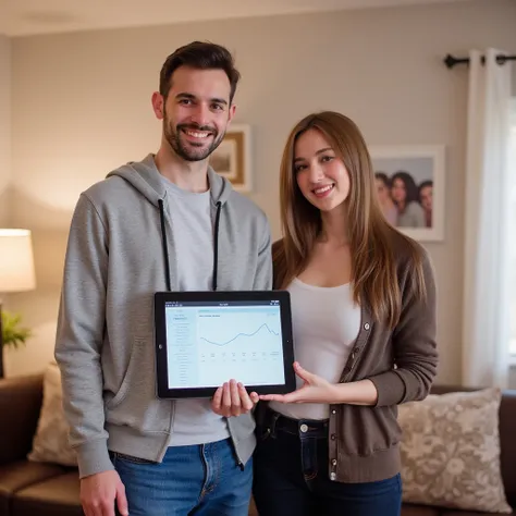 A friendly married couple in their early 40s, standing in their cozy living room, both looking directly at the camera. The father holds a tablet displaying a financial dashboard, and the mother holds a family budget planner. Behind them, soft lighting high...