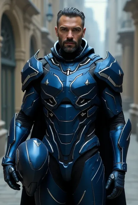 Futuristic blue-black male nanotechnological armor with slightly more robust silver details blacker user goatee with helmet in hand