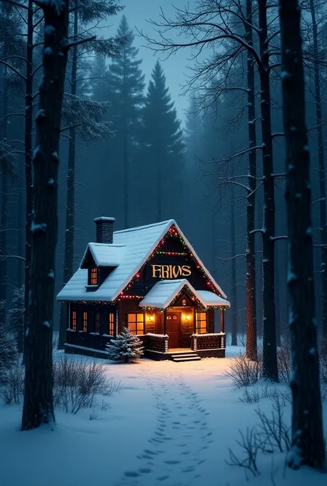 winter, It&#39;s snowing, Night, there is a lonely house in the woods , the house is decorated with colorful garlands ,  realistic, 4k quality,  good quality The house is beautifully written in capital letters "FASPEWHS" clear and beautiful 