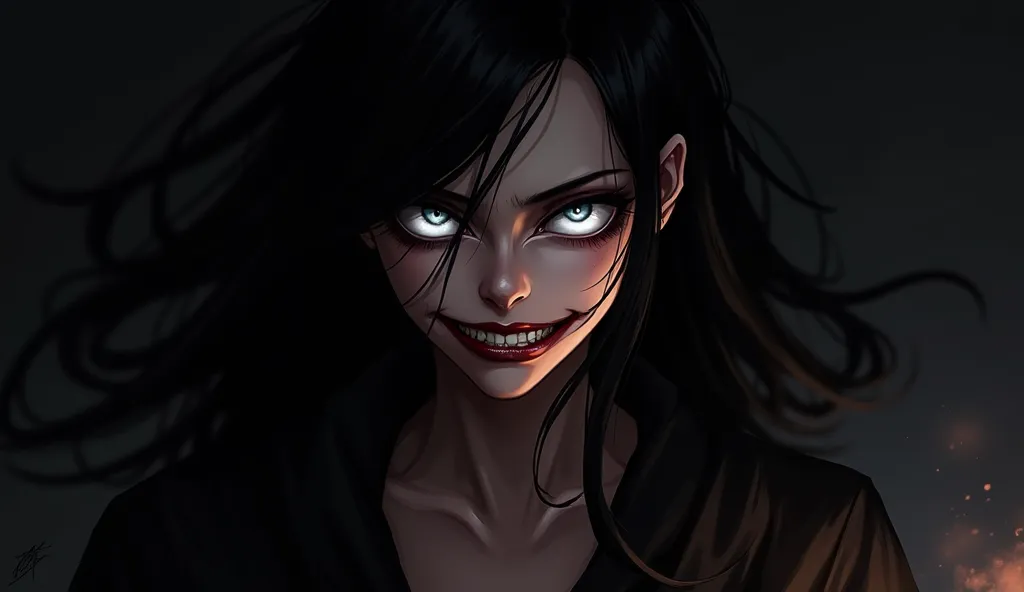 i&#39;m not&#39; I dont have the patience for this, evil, young woman,  black hair , White eyes, Formidable, fan art, anime, реализм-anime, detailing, black background, envelops my body , blue lights, evil улыбка,  incredible anger and desire for revenge