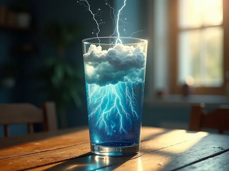  An extremely detailed and hyperrealistic A stunning close-up photograph of a glass of water, showcasing a miniature storm brewing inside. The glass is filled with swirling clouds, dazzling lightning bolts, and a captivating pattern of falling raindrops. T...