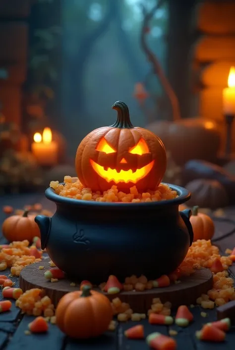 pumpkin in video of cauldron with halloween sweets