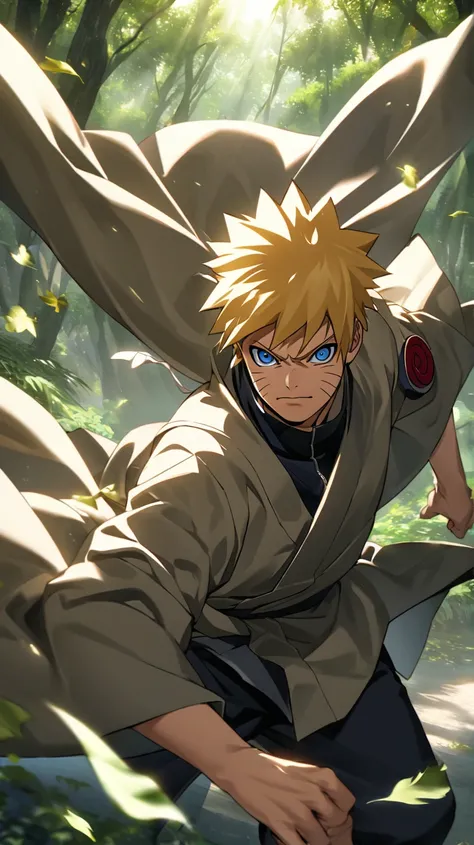 Create an image of Naruto Uzumaki in a lush forest setting, with sunlight filtering through the trees. Naruto should be in his iconic pose, with the Hidden Leaf Village robe fluttering in the wind, and a determined expression on his face. The background sh...