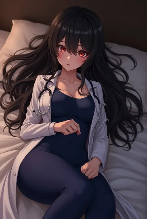 anime girl, womens doctor costume,  long hair ,  black hair, hermoso rostro, Evening, bed,  masterpiece ,  Exquisite details , voluptuous, sexy posture