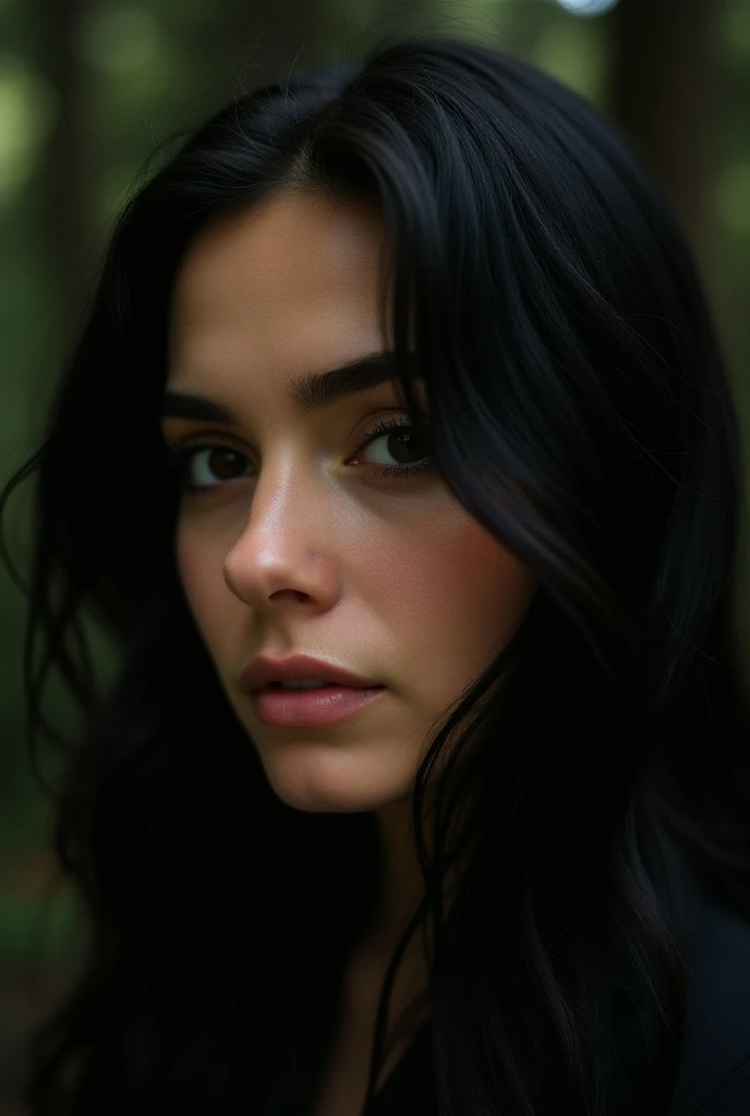 Photo of a woman, (sympathetic expression), ultra textured skin, goosebumps, black hair, face looking flat into the camera, f
ull-face, half up, half down, group profile, towering ancient redwood trees create a sense of wonder and awe, perfect eyes,
(harsh...