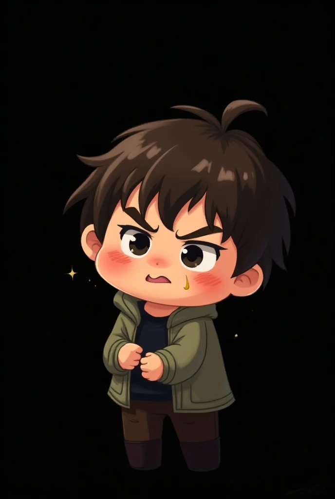 Create a young chibi style, who has little beard on his cheeks ,  style face with wavy hair and an angry expression on his face, with tender eyes, and the background is black
