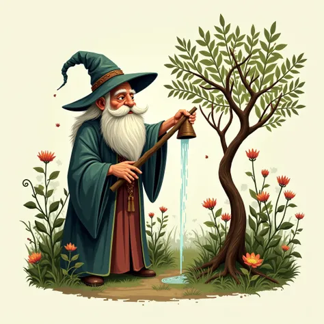 A logo from a nursery called “VIVEIRO RAIZES” that sold seedlings,  in this art must have a wizard pouring water on a white ipe tree 