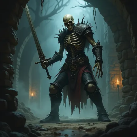 skeleton, Sword, fighter, Fantasy, realistic, threatening, masterpiece, dungeon, left, fog, grim, Horror style , Adult,  detailed ,  action camera angle setting 