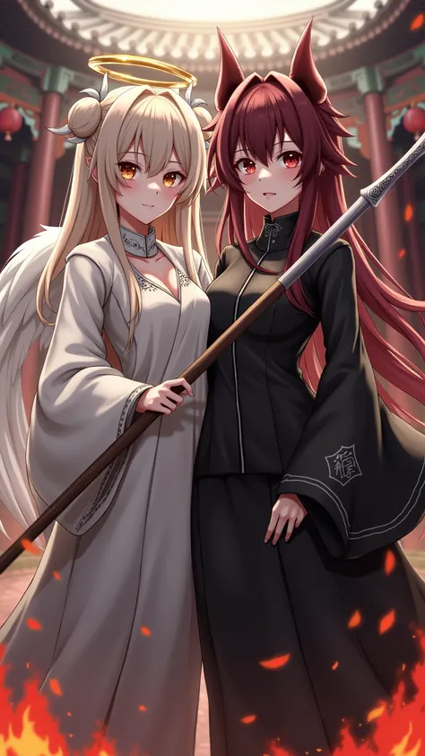 Best image quality, masterpiece level, ultra-high resolution, realism, fantasy theme, huge weapons, facial details, 2 girl, one girl angel with white clothing, second girl devil with black clothing, single, hair open, fairy tale theme, upper body, Chinese ...