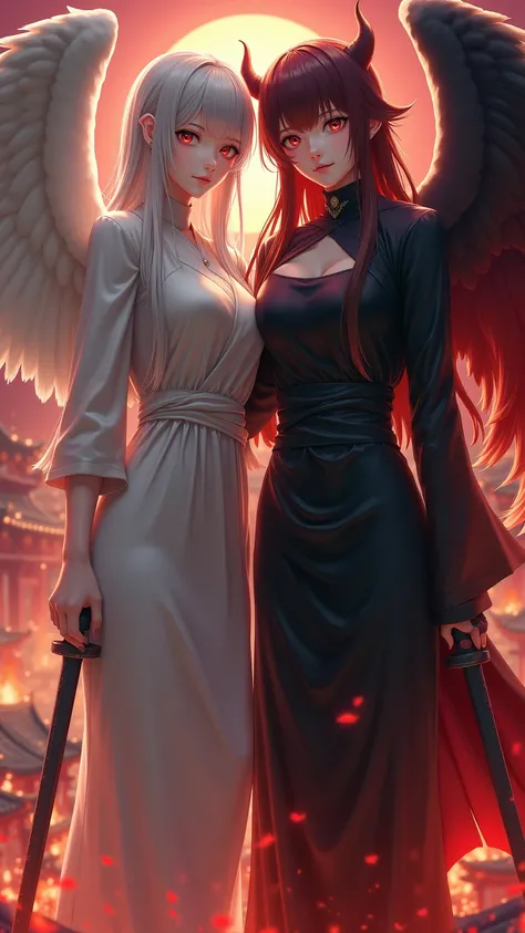 Best image quality, masterpiece level, ultra-high resolution, realism, fantasy theme, huge weapons, facial details, 2 girl, one girl angel with white clothing, second girl devil with black clothing, single, hair open, fairy tale theme, upper body, Chinese ...