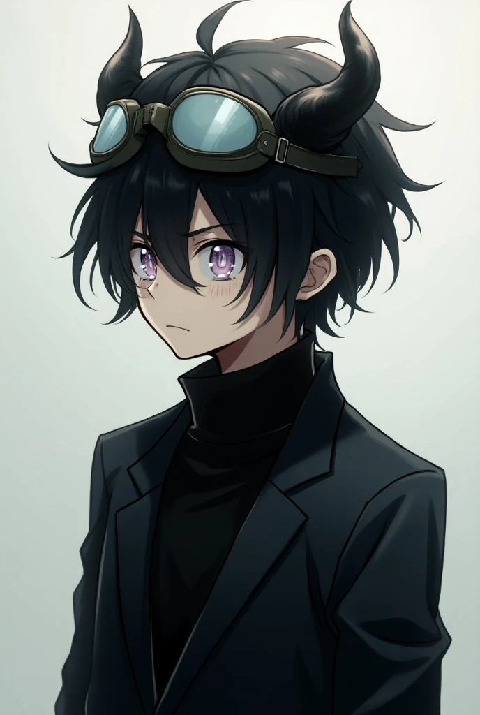 Anime boy  Black suit sweater, messy face Turn to the left. Hairstyle that covers the left eye. The aviator goggles are on his head with two black horns on each side.