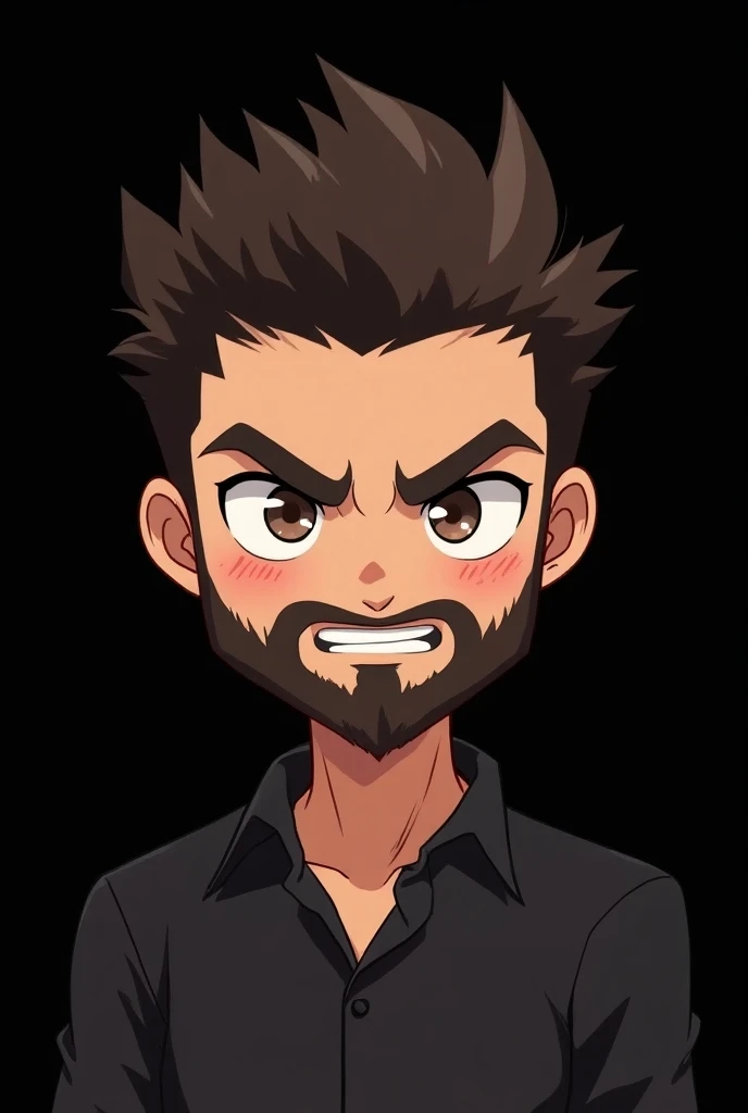 Create the face of a handsome young man in chibi style, that he has a beard on his cheeks ,  style face with wavy hair and an angry expression on his face, with tender eyes, and the background is black
