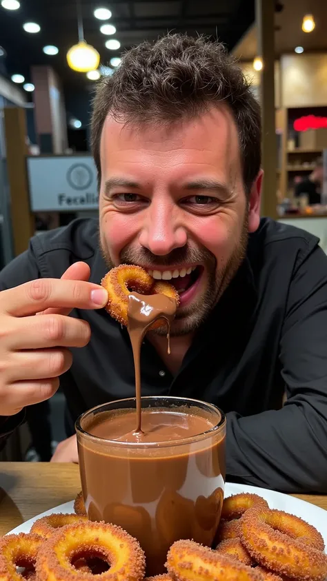 Generate an ultra-realistic image of a man eating chocolate with churros with great devotion and hunger. The chocolate must be very thick, and the man has chocolate on his lips as well as around his mouth. In front of him, there is a huge cup of hot chocol...