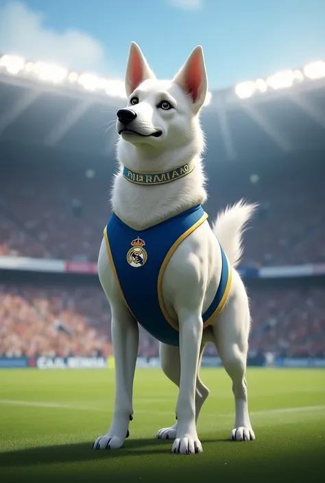 A female dog standing as a mascot for the Real Madrid team
