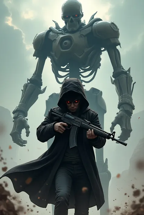  Traveler  (guy 20 years old) with ak 47 , in a black coat, wearing a plague doctor mask, he stands in front of a giant skeleton in armor,  in the anime  