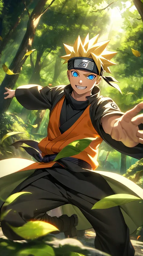 Create an image of Naruto Uzumaki in a lush forest during the daytime. He should have spiky blond hair, blue eyes, and a confident smile. Dress him in his traditional ninja attire from the Hidden Leaf Village: an orange vest, dark pants, and a headband wit...