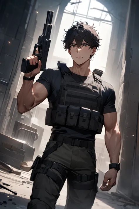 1boy, male focus, solo, casually holding pistol, wearing black t-shirt, black bulletproof vest, combat pants, black camo, mission: impossible, gear webbing, looking at viewer, indoors, upper body, cinematic angle,, (masterpiece), (best quality), (ultra-detailed), very aesthetic, illustration, disheveled hair, perfect composition, moist skin, intricate details,