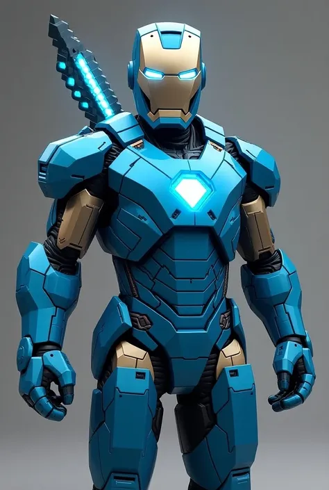  Generate an image with the following description :


 The person wears armor that fuses the iconic Iron suit Man ,  from the Marvel Studios movies ,  with the pixelated and geometric design of the diamond armor in the Minecraft video game ,  but with an a...