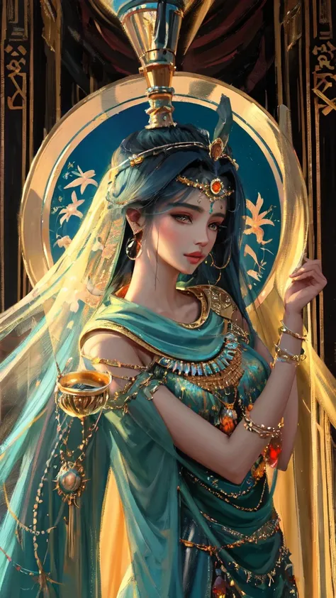  Portrait of Egyptian queen Nefertiti ,  with Egyptian facial features ,  blue ornaments in her hair ,  Egyptian makeup in a palace setting with desert flowers, and lush clothes  ,arte de jinyoung shin, artwork in the style of guweiz, Annie Stegg Gerard, Z...