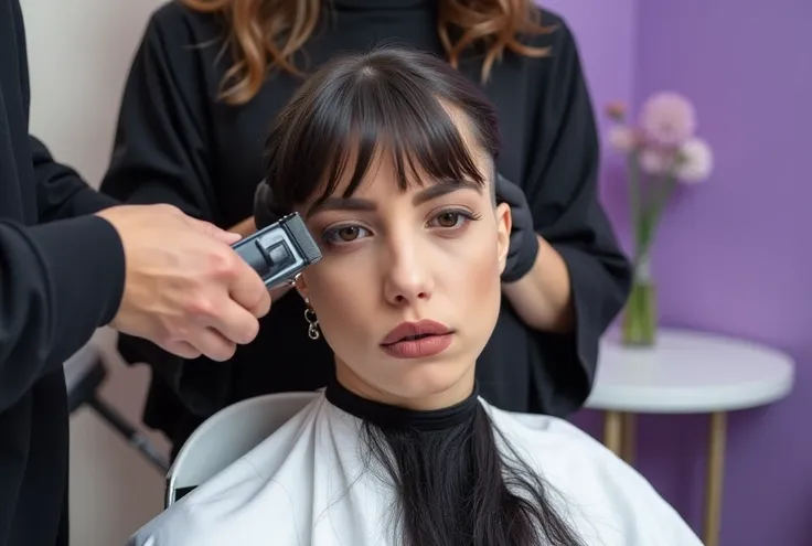 close up of an elegant woman sitting on a white barber chair, getting a bald headshave. she is very nervous, scared, eyes open a...