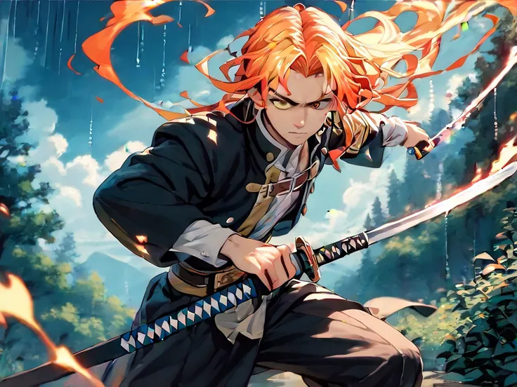 [Fiery-haired Demon Slayer, wielding a katana, in a dynamic action pose amidst a fiery, rain-swept landscape, expressing determination and intensity], [Digital art, Anime style with a touch of photo manipulation], [Inspired by Demon Slayer art style], [Dra...