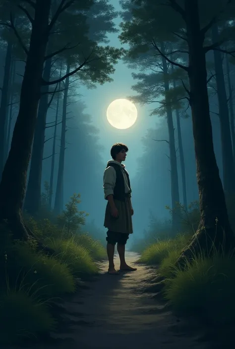  Young peasant in a change in the forest , The moon illuminating the road ,  the wind whispering through the trees and crickets singing