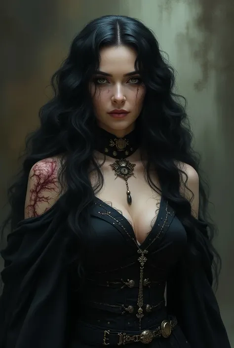 49-year-old black magic sorceress with 1,70 tall Long Black hair with white curls Eye color Light Brown with a burn on the left side taking part of the neck to the shoulder 